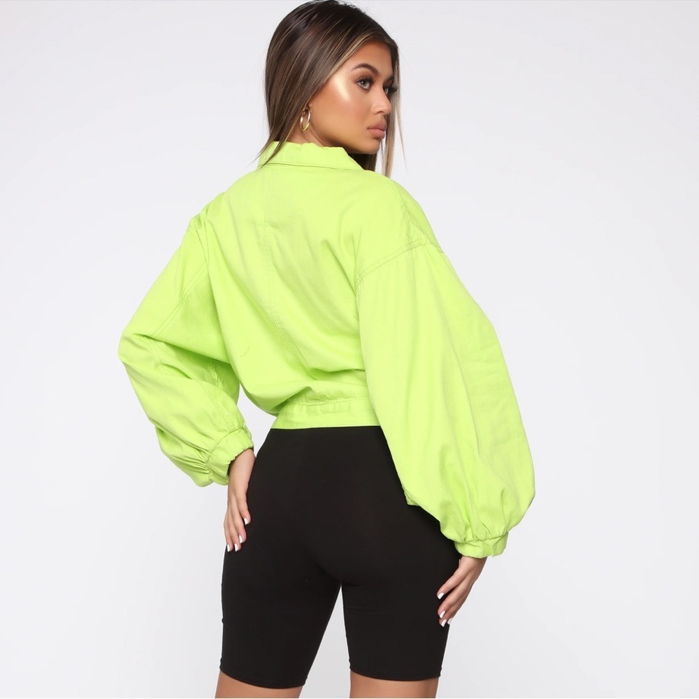 RARE 90s Fashion Nova Lime Green Cropped puff Bomber Jacket Balloon Sleeves XS - Picture 8 of 11